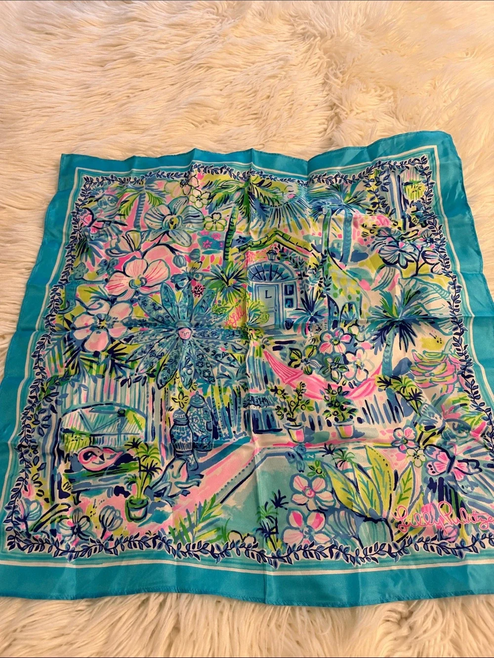Lilly Pulitzer Tropical Floral Silk-Feel Scarf in Turquoise and Pink 100% silk